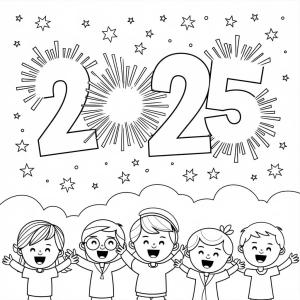 Mutlu Yıllar 2025 boyama sayfası,  coloring page, Çocuklarla Mutlu Yıllar 2025, 