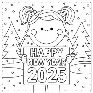 Mutlu Yıllar 2025 boyama sayfası,  coloring page, Sevimli Kızla Mutlu Yıllar 2025, 