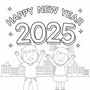 Mutlu Yıllar 2025 boyama sayfası,  coloring page, Çocuklarla Mutlu Yıllar 2025 ücretsiz, 