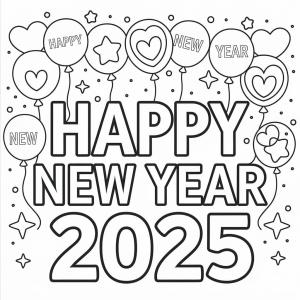 Mutlu Yıllar 2025 boyama sayfası,  coloring page, Mutlu Yıllar 2025 ve Balonlar, 