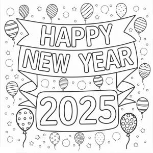 Mutlu Yıllar 2025 boyama sayfası,  coloring page, Balonlarla Mutlu Yıllar 2025, 