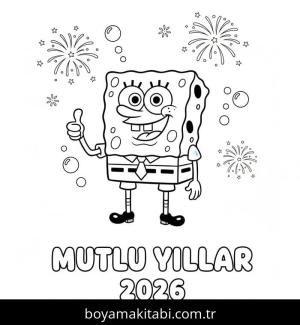 Mutlu Yıllar 2026 boyama sayfası – çizgi film temalı, basit çizim