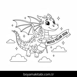 Mutlu Yıllar 2026 boyama sayfası – PDF indir, sevimli karakter