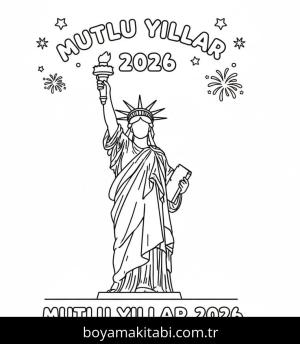 Mutlu Yıllar 2026 boyama sayfası – çizgi film temalı, basit çizim