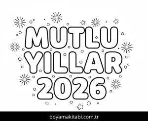 Mutlu Yıllar 2026 boyama sayfası – basit çizim, kolay boyama