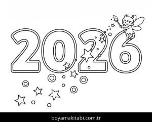 Mutlu Yıllar 2026 boyama sayfası – sevimli karakter, sanatsal çalışma