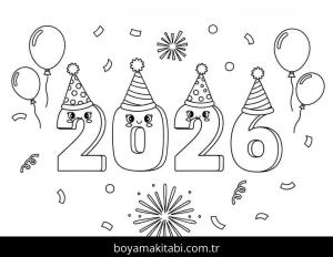 Mutlu Yıllar 2026 boyama sayfası – basit çizim, kolay boyama