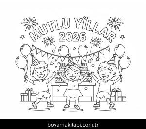 Mutlu Yıllar 2026 boyama sayfası – çocuklar için, çizgi film temalı
