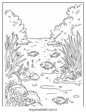 Nehir boyama sayfası – sevimli karakter, sanatsal çalışma