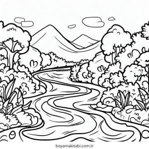 Nehir boyama sayfası – sevimli karakter, sanatsal çalışma