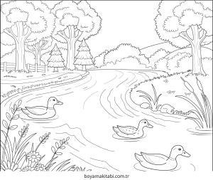 Nehir boyama sayfası – evde etkinlik, ücretsiz yazdır