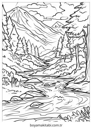 Nehir boyama sayfası – çizgi film temalı, basit çizim