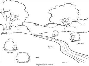 Nehir boyama sayfası – evde etkinlik, ücretsiz yazdır