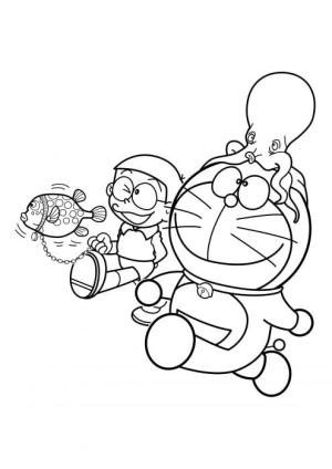 Nobita boyama sayfası,  coloring page, Nobita ve Doraemon Deniz Hayvanları Ile, 