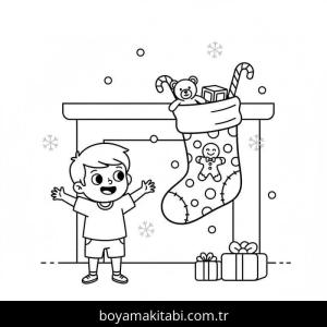 Noel Çorabı boyama sayfası – sevimli karakter, sanatsal çalışma
