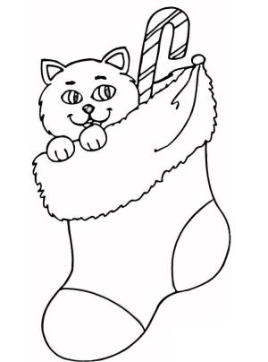 Noel Çorabı boyama sayfası,  coloring page, Noel Çorabındaki Sevimli Kedi, 