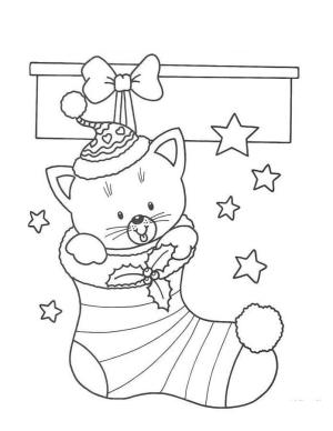 Noel Çorabı boyama sayfası,  coloring page, Noel Çorabındaki Yavru Kedi, 