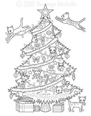 Noel boyama sayfası,  coloring page, noel ağacı ile kedicikler, 