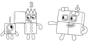 Numberblocks boyama sayfası,  coloring page, Sayısal Bloklar 1, 3 ve 4, 