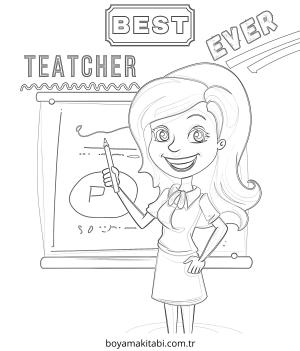 Öğretmen boyama sayfası – sevimli karakter, sanatsal çalışma