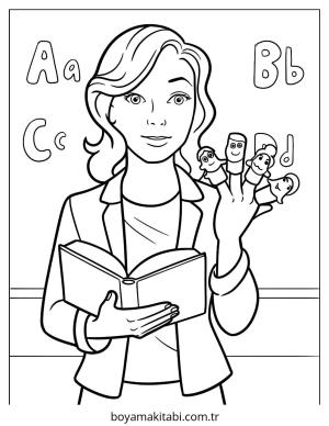 Öğretmen boyama sayfası – çizgi film temalı, basit çizim