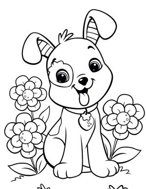 Okul öncesi boyama sayfası,  coloring page, Çocuk için Çiçekli Köpek, 