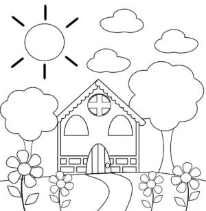 Okul öncesi boyama sayfası,  coloring page, Okul Öncesinde Ağaçlı ve Çiçekli Ev, 