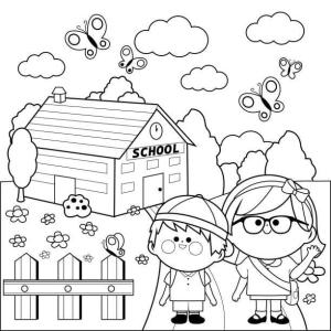 Okul boyama sayfası,  coloring page, İki Sevimli öğrenci Okula Gidiyor, 