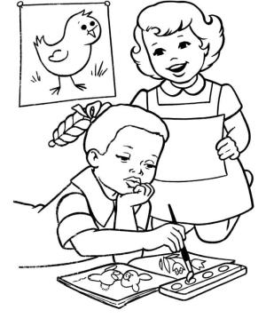 Okul boyama sayfası,  coloring page, Okulda Resim Yapan İki Çocuk, 