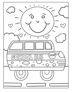 Okul boyama sayfası,  coloring page, Okul Otobüsü ve Güneş, 