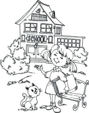 Okul boyama sayfası,  coloring page, Kız ve Kedi Okula Gidiyor, 