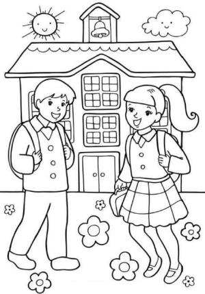 Okul boyama sayfası,  coloring page, İki öğrenci Okula Gidiyor, 