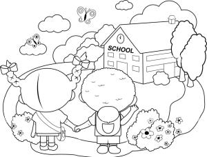 Okul boyama sayfası,  coloring page, Şirin İki Çocuk Okula Gidiyor, 