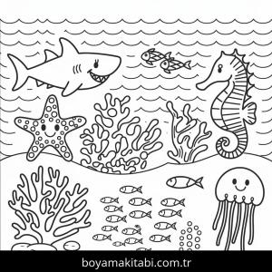 Okyanus boyama sayfası – eğlenceli etkinlik, el becerilerini geliştirir