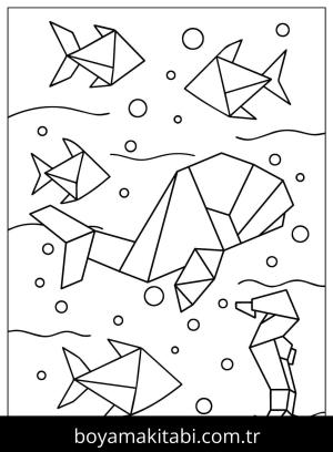Origami boyama sayfası,  coloring page, , Origami Various Fish