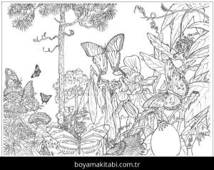 Orman boyama sayfası – çizgi film temalı, basit çizim