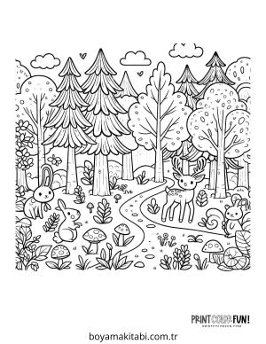 Orman boyama sayfası – sevimli karakter, sanatsal çalışma