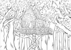 Orman boyama sayfası,  coloring page, ormanda bir ağaç ev, 