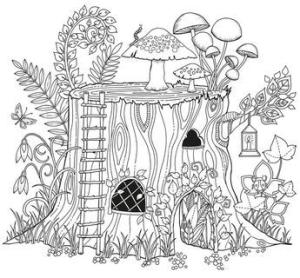 Orman boyama sayfası,  coloring page, ormanda bir peri evi, 