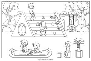 Oyun Parkı boyama sayfası – renkli çizimler, okul öncesi