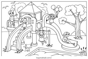 Oyun Parkı boyama sayfası – PDF indir, sevimli karakter