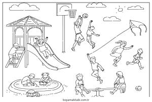 Oyun Parkı boyama sayfası – okul öncesi, evde etkinlik