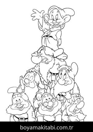 Pamuk Prenses ve Yedi Cüceler boyama sayfası – kolay boyama, eğitici aktivite