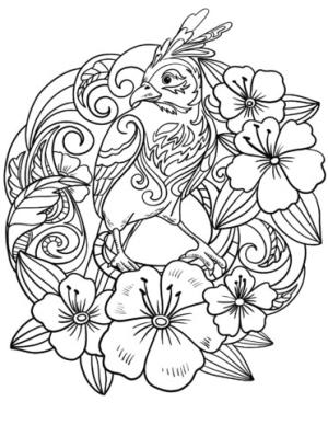 Papağan boyama sayfası,  coloring page, Çiçeklerin Üzerinde Oturan Papağan, 