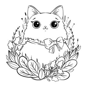 Papyon boyama sayfası,  coloring page, Papyonlu ve Yapraklı Kedi, 