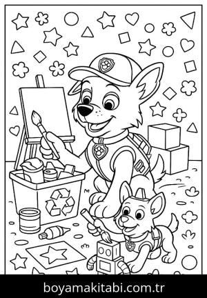 Paw Patrol boyama sayfası,  coloring page, yuvarlak hatlı, çerçeveli, mutlu