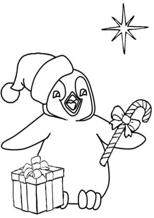 Penguen boyama sayfası,  coloring page, Hediye Kutusu ile Noel Penguen, 