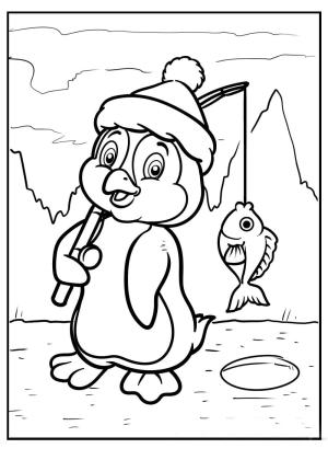 Penguen boyama sayfası,  coloring page, Temel Penguen Balık Tutma, 