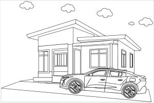 Peugeot boyama sayfası,  coloring page, Peugeot Araba ve Ev, 