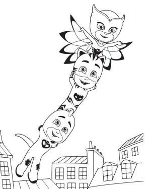 Pijamaskeliler boyama sayfası,  coloring page, Pijama maskeleri dikey sıralar halinde uçuyor, 